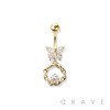 GEM PAVED BUTTERFLY 316L SURGICAL STEEL CZ CENTERED LOOP DANGLE NAVEL RING